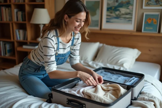 Jeune femme ployant ses vêtements dans une valise pour voyager