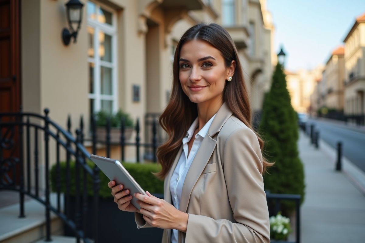Jeune femme souriante tenant une tablette devant une maison élégante