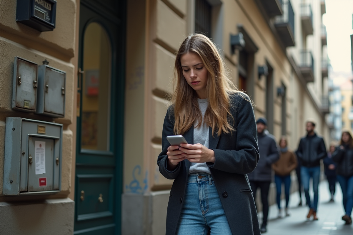 Jeune femme cherchant un logement dans un immeuble urbain