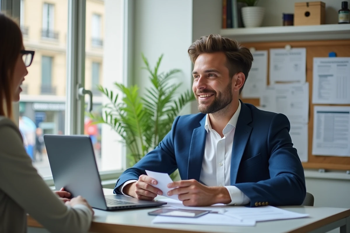 Jeune homme parlant avec agent immobilier dans un bureau