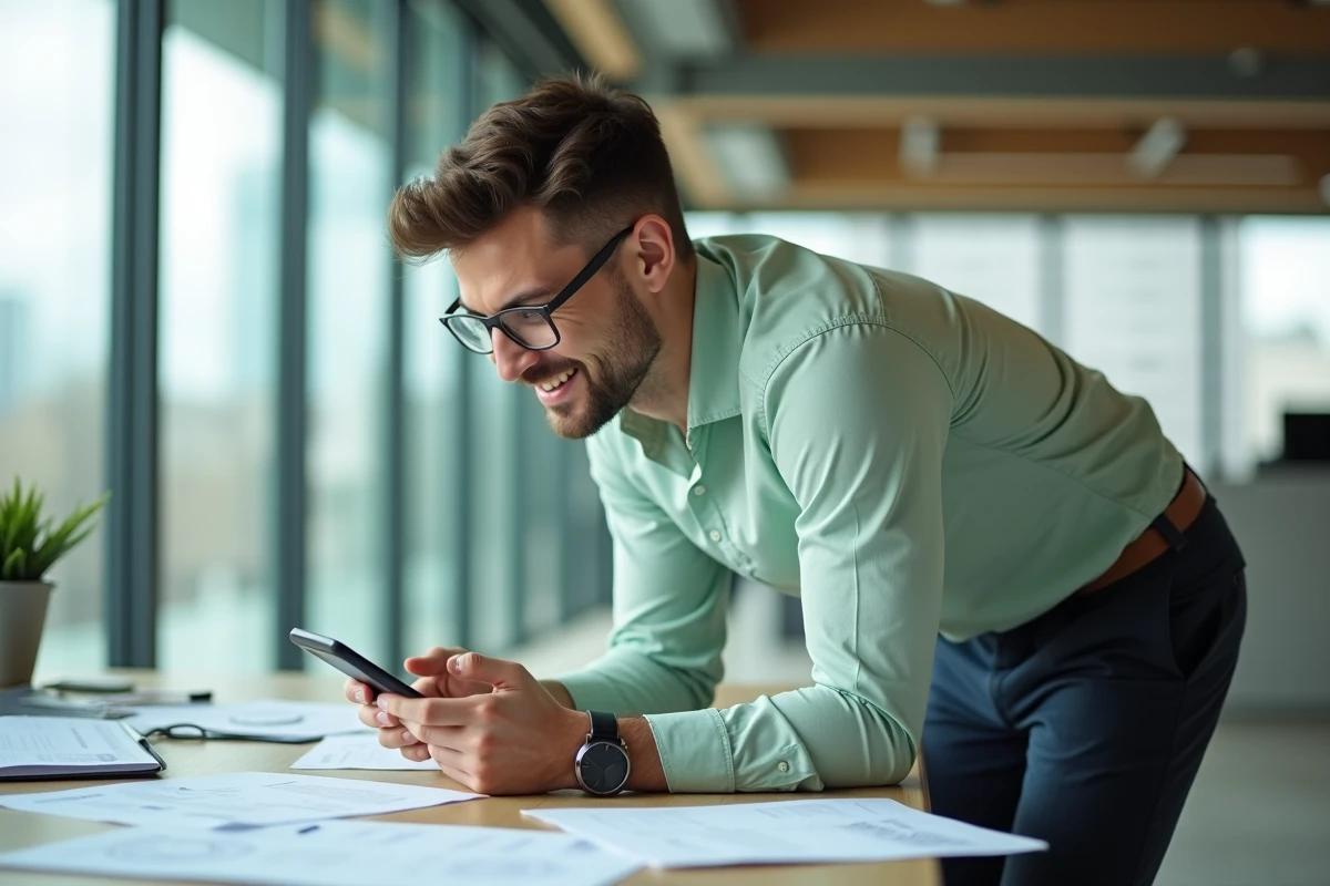 Jeune homme lisant des documents dans un bureau moderne