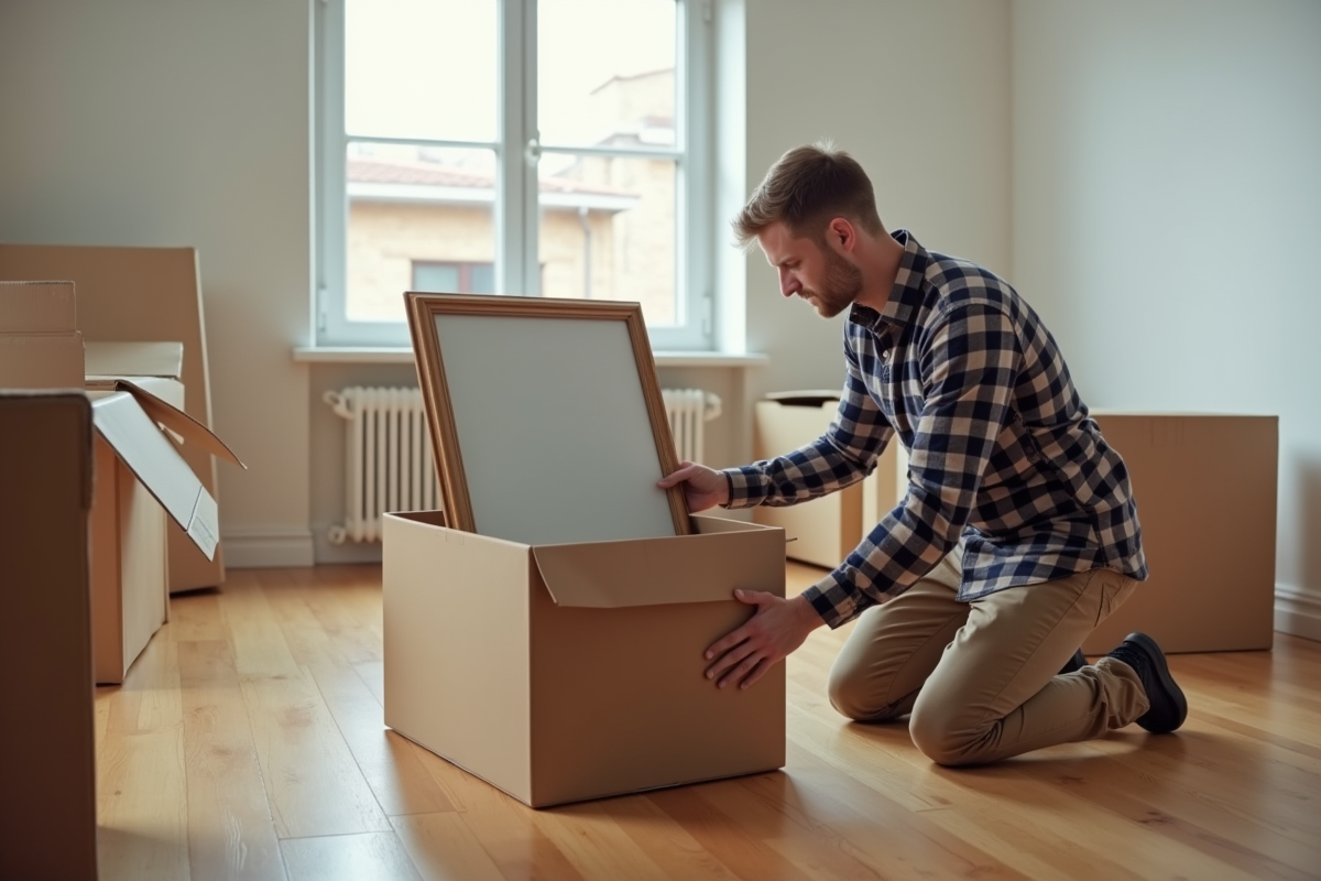 Jeune homme rangeant une peinture dans une boîte en carton