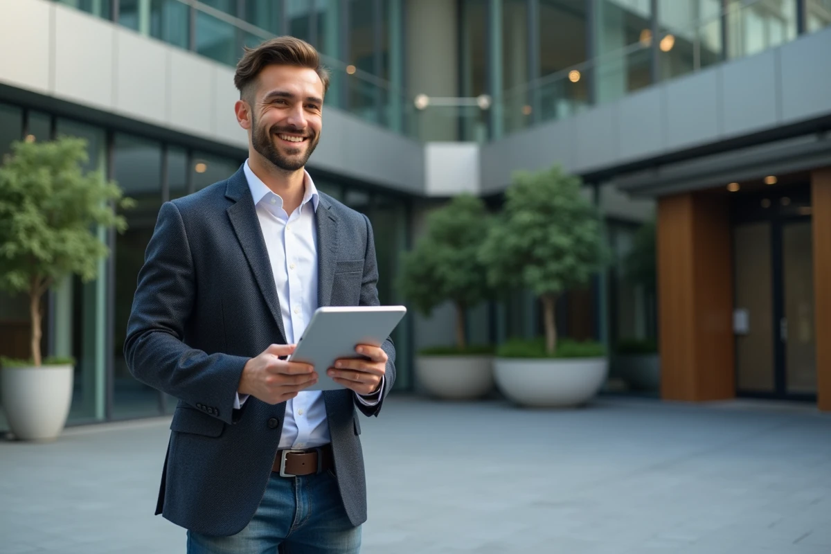 Jeune homme avec tablette devant bâtiment moderne