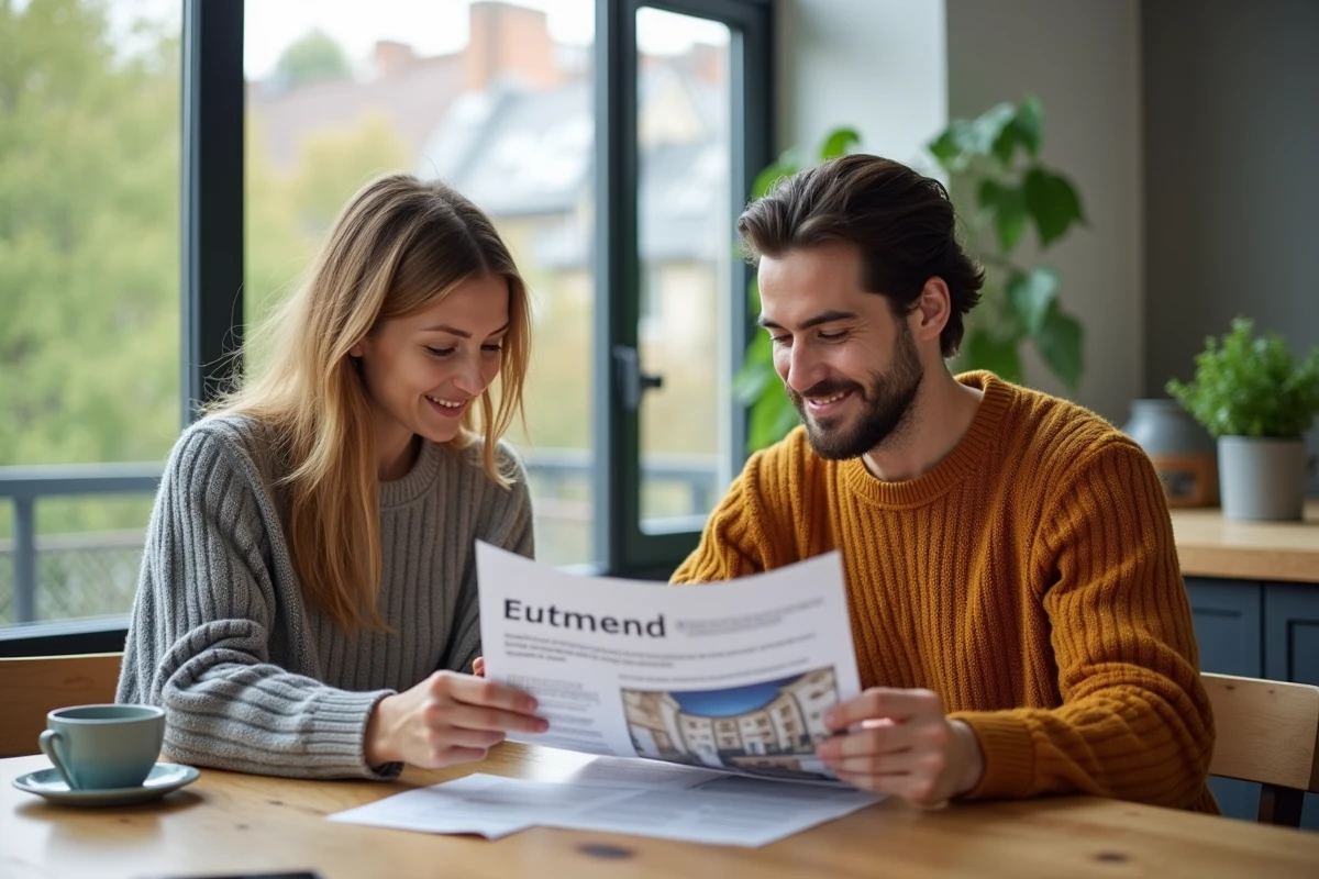 Deux jeunes adultes examinant des annonces de colocation à la cuisine