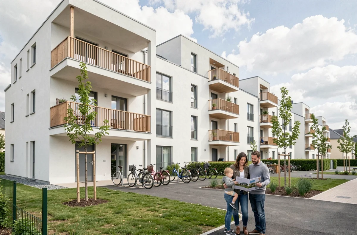 Résidence moderne en Île-de-France avec facade blanche et balcons bois, famille de nouveaux propriétaires devant l'entrée, emblème du logement neuf francilien par Kaufman & Broad
