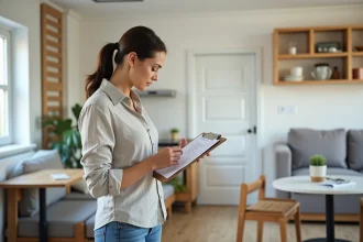 Femme consultant une liste de meubles indispensables dans un studio meublé avec kitchenette et canapé-lit