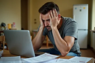 Locataire stressé face à des factures impayées et un relevé bancaire sur un ordinateur portable dans une cuisine modeste