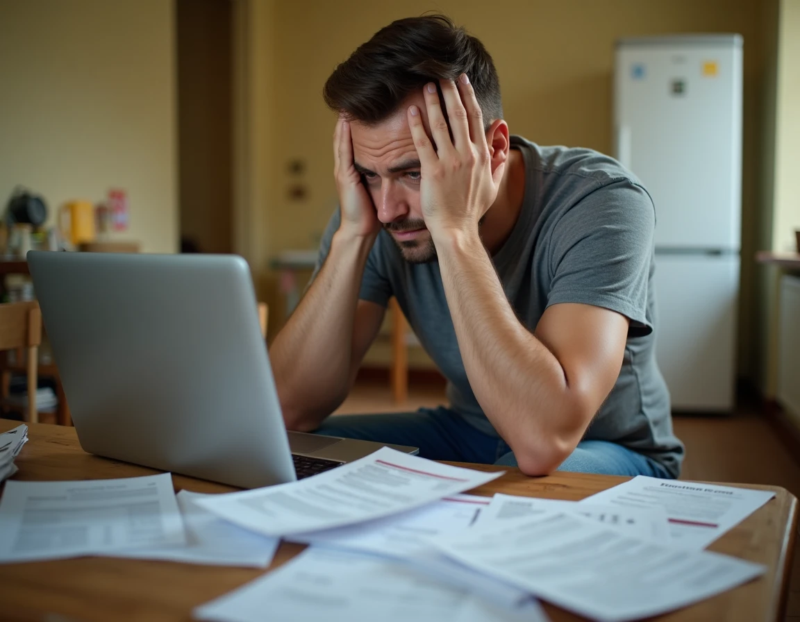 Locataire stressé face à des factures impayées et un relevé bancaire sur un ordinateur portable dans une cuisine modeste