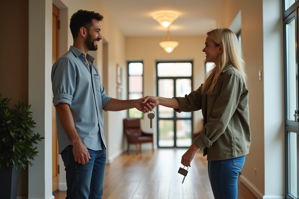 Propriétaire remettant les clés à un locataire dans un bâtiment rénové