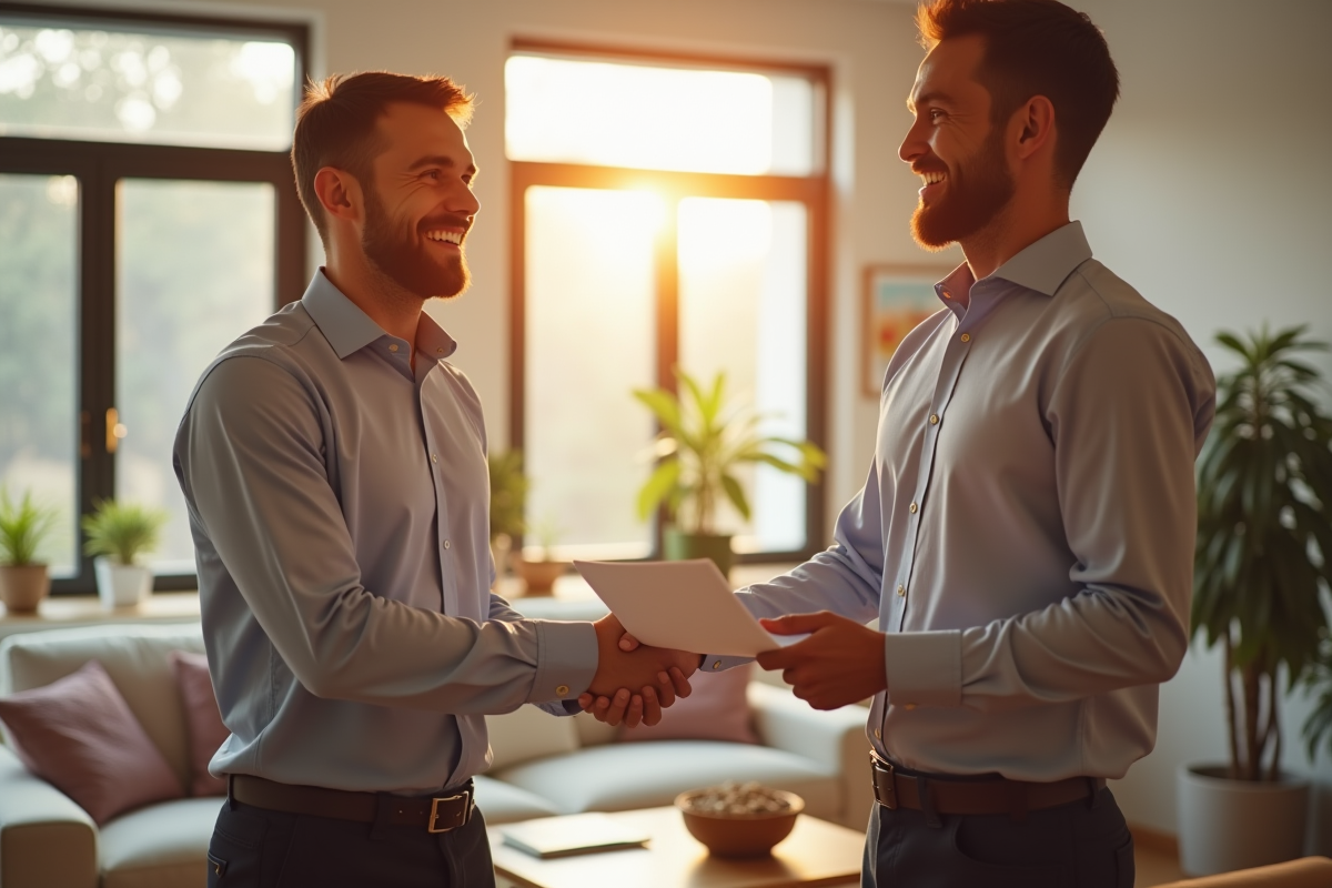 Locataire et propriétaire souriants se serrant la main dans un salon lumineux