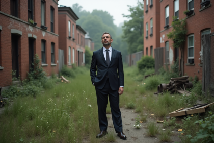 Maire en costume dans un terrain abandonné en ville