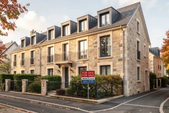 Maison en pierre à vendre dans une rue résidentielle française