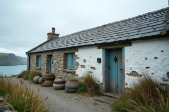 Petite maison de pêcheur en pierre sur une côte rocheuse atlantique, avec volets bleus et casiers de pêche empilés à l'entrée