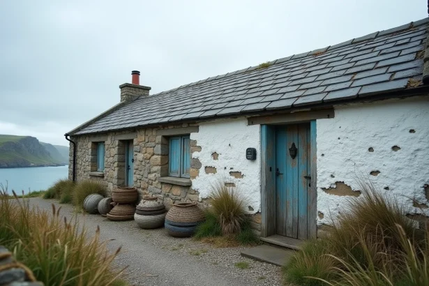 Petite maison de pêcheur en pierre sur une côte rocheuse atlantique, avec volets bleus et casiers de pêche empilés à l'entrée