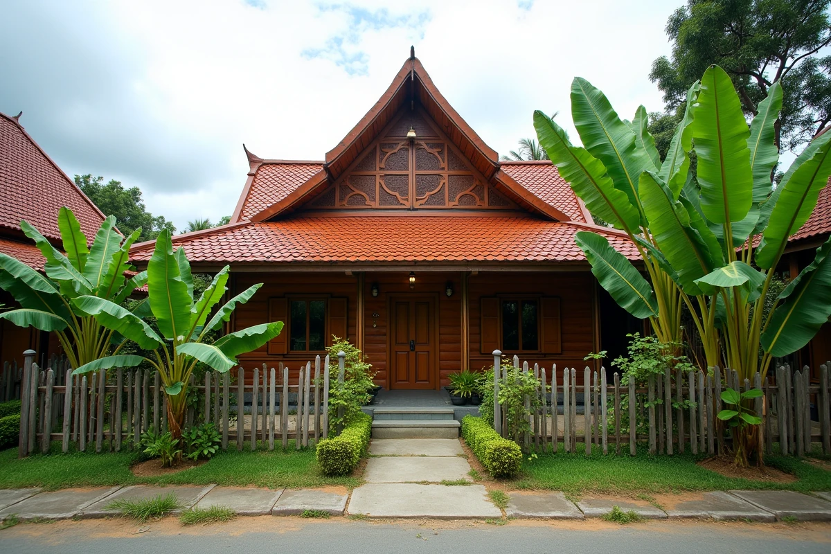 Maison traditionnelle thaïlandaise en bois avec jardin tropical et toiture en tuiles, exemple de propriété accessible pour un achat immobilier en Thaïlande