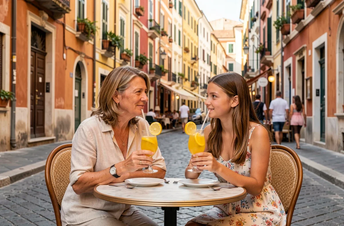 Une mère et sa fille adolescente détendues à la terrasse d'un café dans le Vieux-Nice coloré
