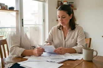 Femme examinant un dossier de mutation de logement social à son domicile