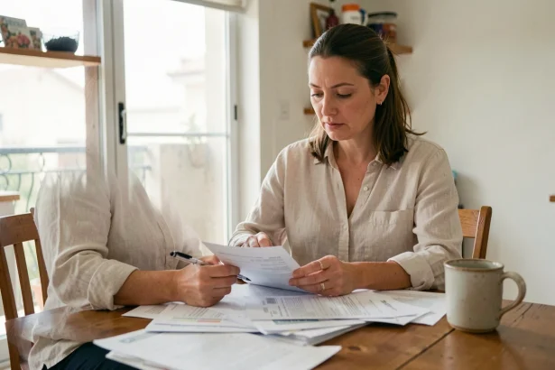 Femme examinant un dossier de mutation de logement social à son domicile