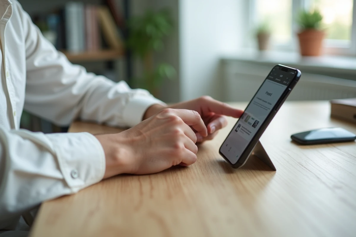 Personne naviguant sur un site mobile depuis un bureau à domicile avec smartphone sur support