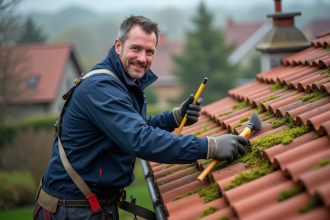 Couvreur nettoyant la mousse sur un toit en tuiles rouges