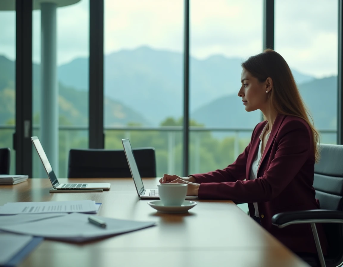 Syndic Nexity Lamy à Pau, gestionnaire de copropriété travaillant dans un bureau moderne avec vue sur les Pyrénées