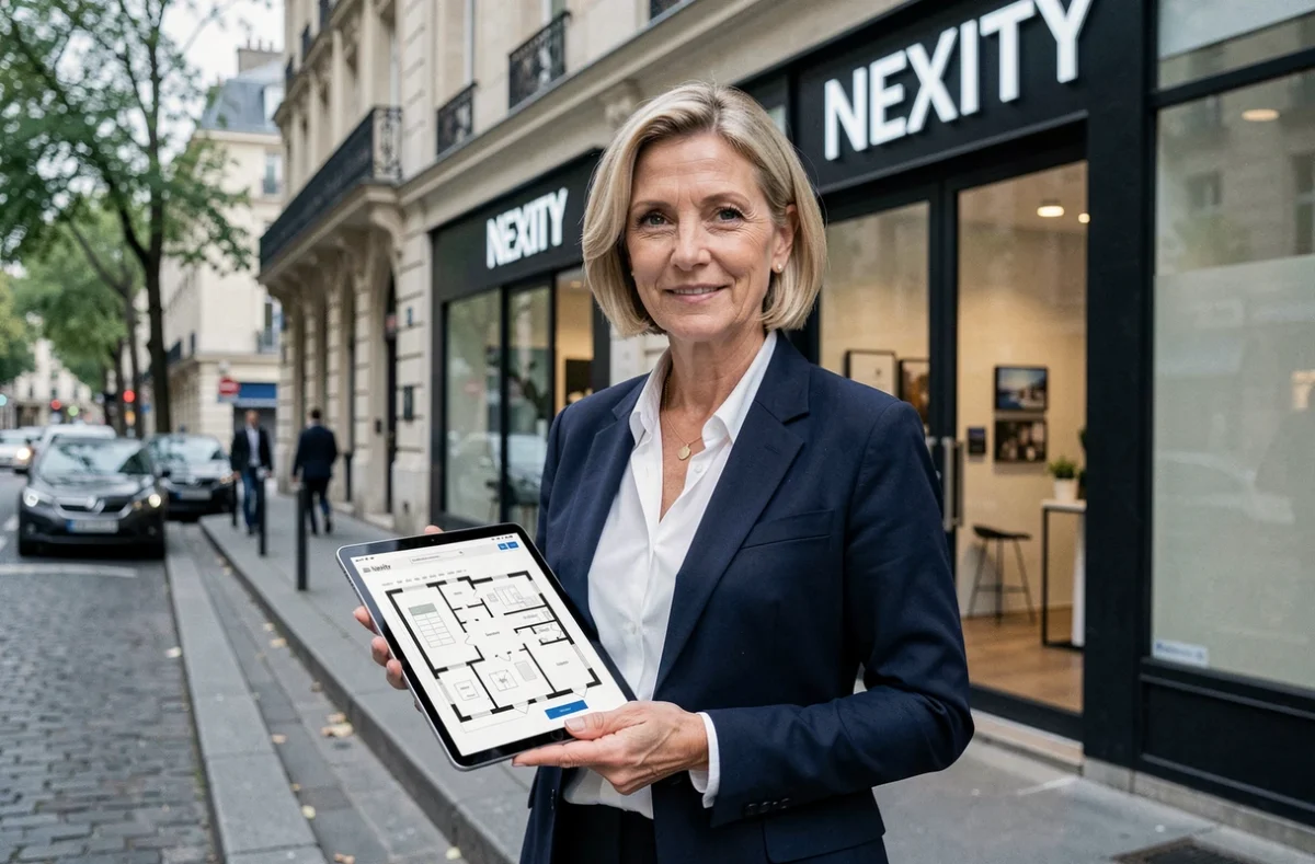 Femme professionnelle devant une agence Nexity sur un boulevard parisien, tenant une tablette avec des plans immobiliers