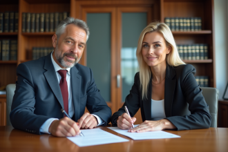 Un couple en costume examine des documents dans un bureau notarial