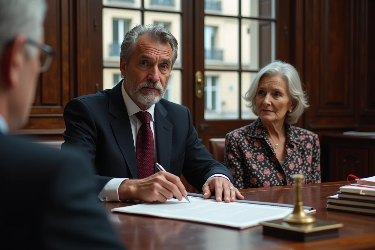 Notaire expliquant un document juridique à une cliente senior lors d'une consultation notariale gratuite dans un cabinet traditionnel