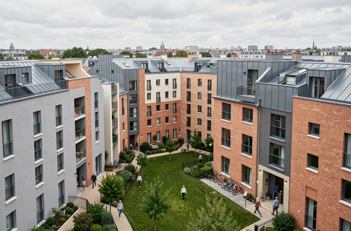 Ensemble de programmes résidentiels denses en petite couronne parisienne avec cours communes et résidents, illustrant la densité des programmes des Nouveaux Constructeurs