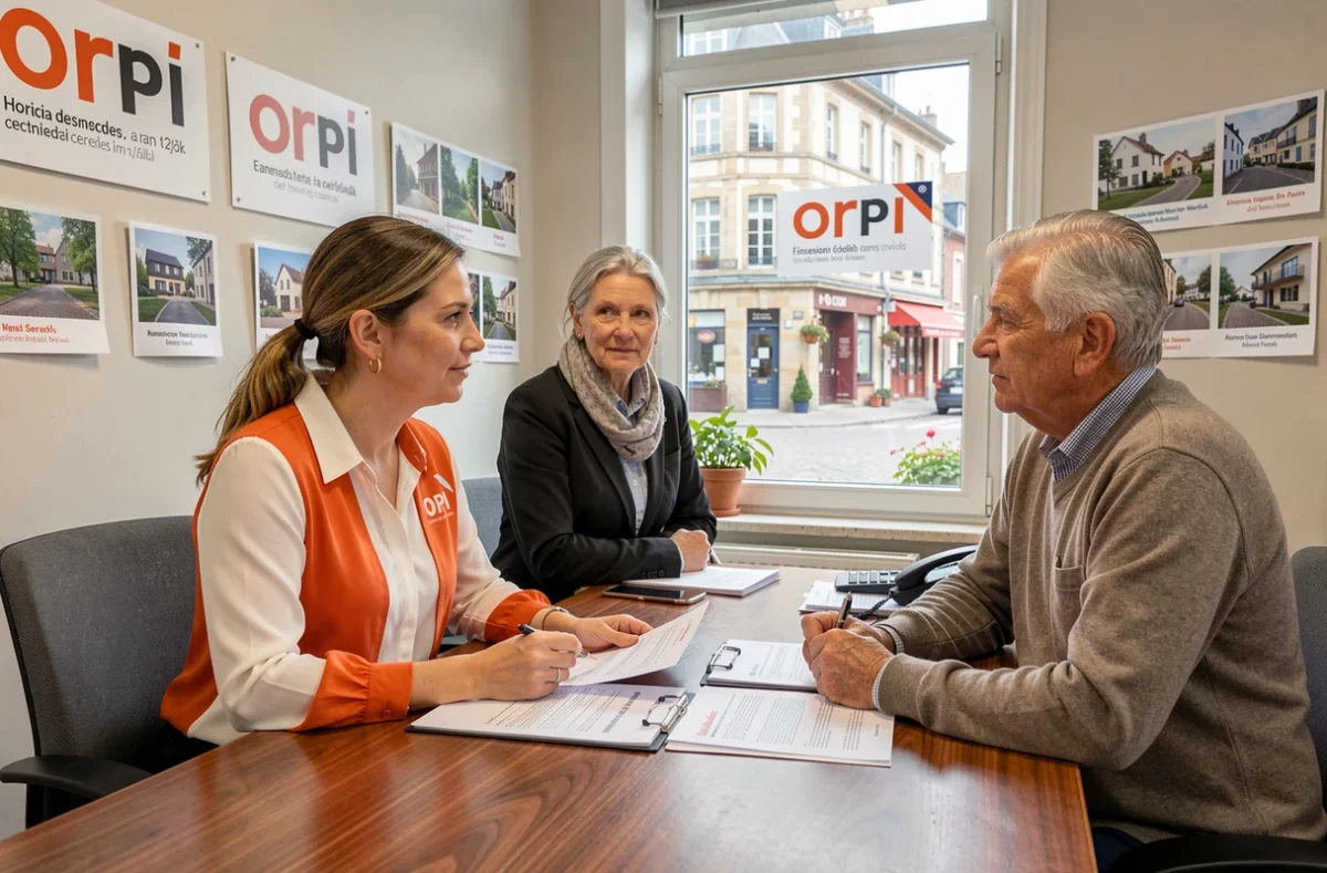 Conseillère Orpi de l'Orne en consultation avec des clients pour un projet immobilier