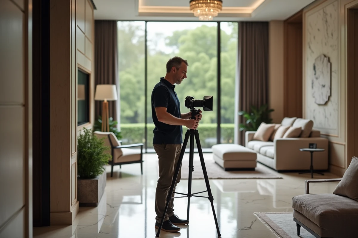 Photographe immobilier installant une caméra 360 degrés dans un salon de maison de luxe pour une visite virtuelle professionnelle