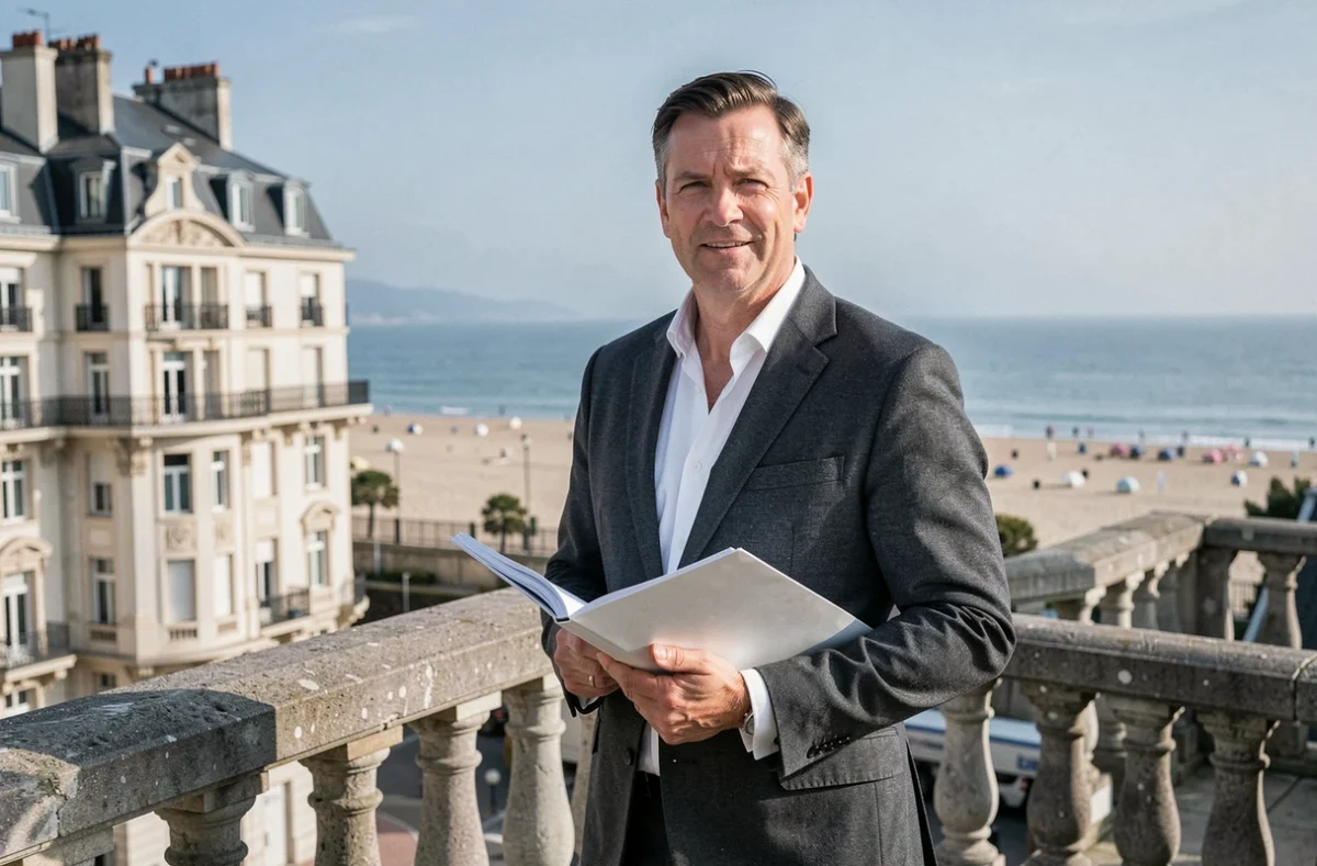 Syndic Portes Immobilier à Biarritz, conseiller immobilier sur une terrasse avec vue sur l'océan Atlantique et les immeubles de la ville
