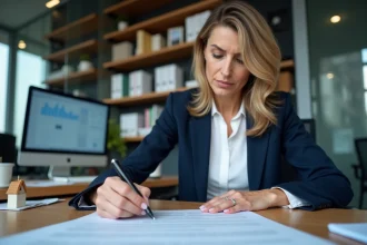 Professionnelle de l'immobilier examinant un modèle d'état daté dans une agence immobilière moderne