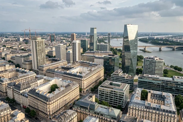 Vue aérienne du paysage urbain d'Île-de-France avec immeubles résidentiels modernes, grues de construction et architecture haussmannienne au bord de la Seine