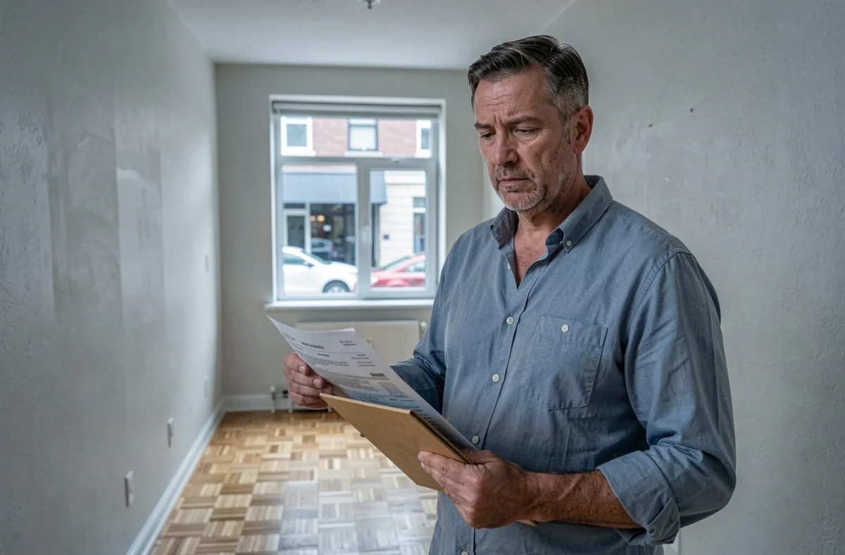 Propriétaire bailleur tenant un contrat de bail dans un appartement vide en attente de locataire