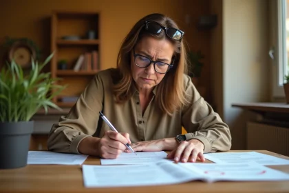 Propriétaire scrutant un contrat de bail avec des documents de hausse de loyer 2026 étalés sur une table en bois