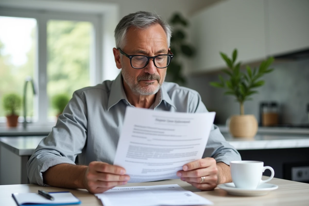 Propriétaire lisant un document juridique de copropriété à son domicile avant une transaction immobilière