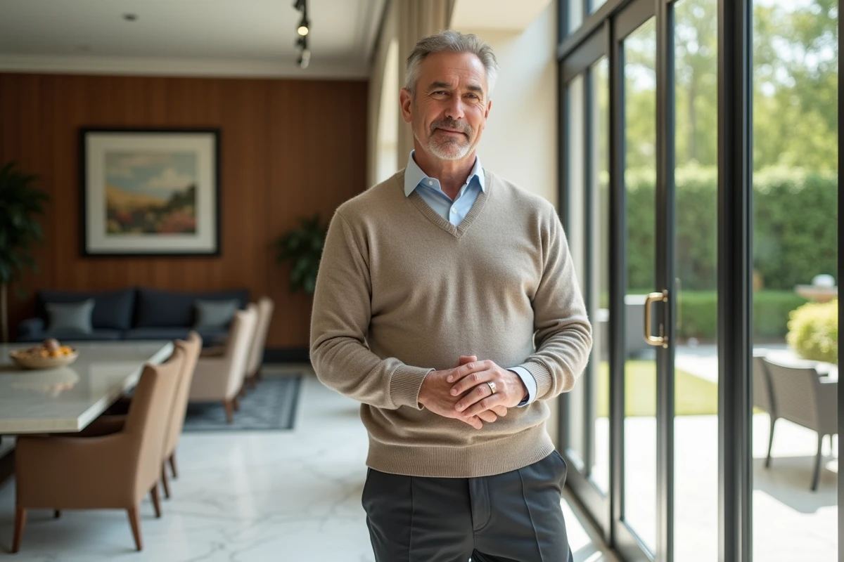 Propriétaire immobilier confiant devant une grande fenêtre avec rapport