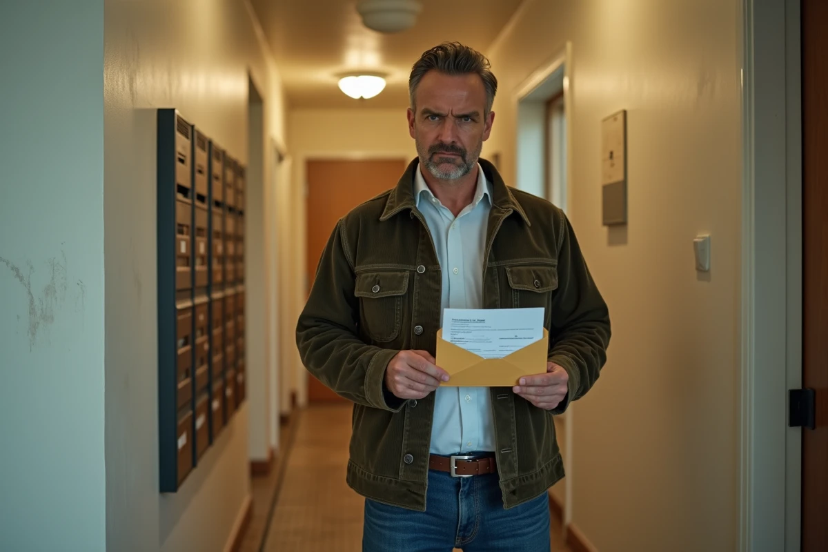 Propriétaire tenant une lettre de résiliation de bail dans le couloir d'un immeuble résidentiel