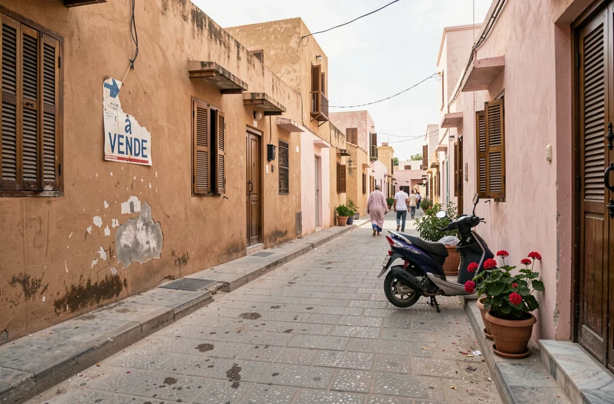 Rue résidentielle d'un quartier abordable de Marrakech avec maison à vendre