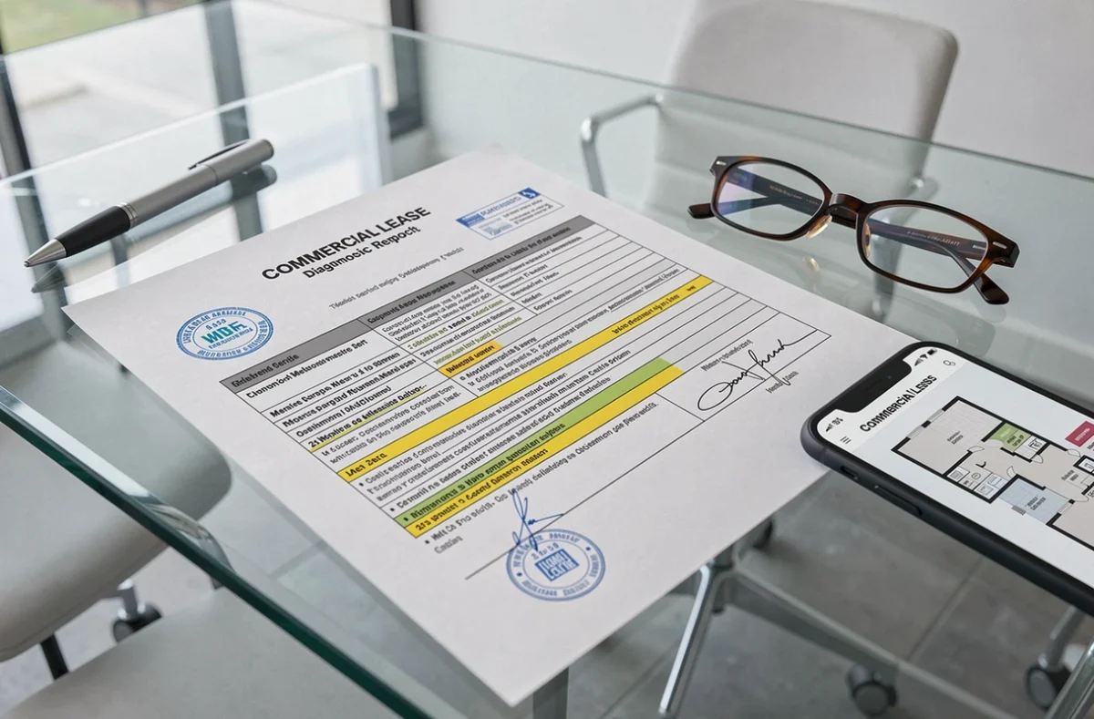 Gros plan d'un rapport de diagnostic de bail commercial signé posé sur une table de réunion en verre avec stylo et lunettes