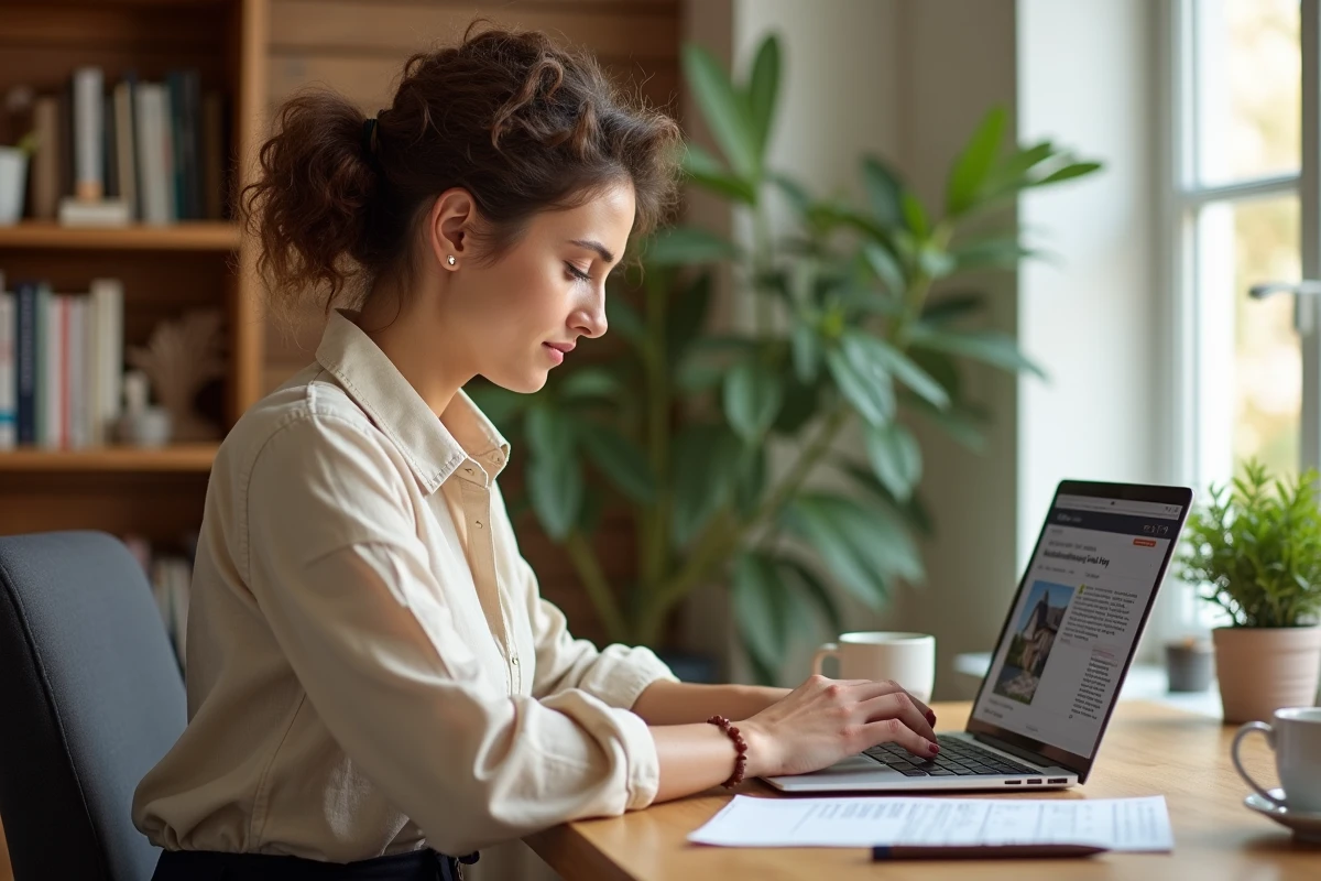 Femme rédigeant une annonce de terrain à donner gratuitement sur son ordinateur portable avec des documents fonciers sur le bureau