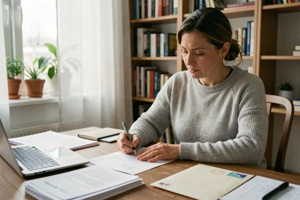 Femme rédigeant une lettre de résiliation d'assurance habitation à son bureau à domicile