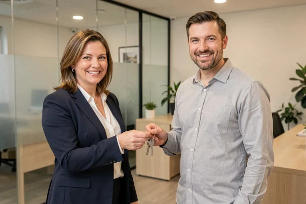 Remise de clés entre une agente immobilière et un locataire dans une agence moderne