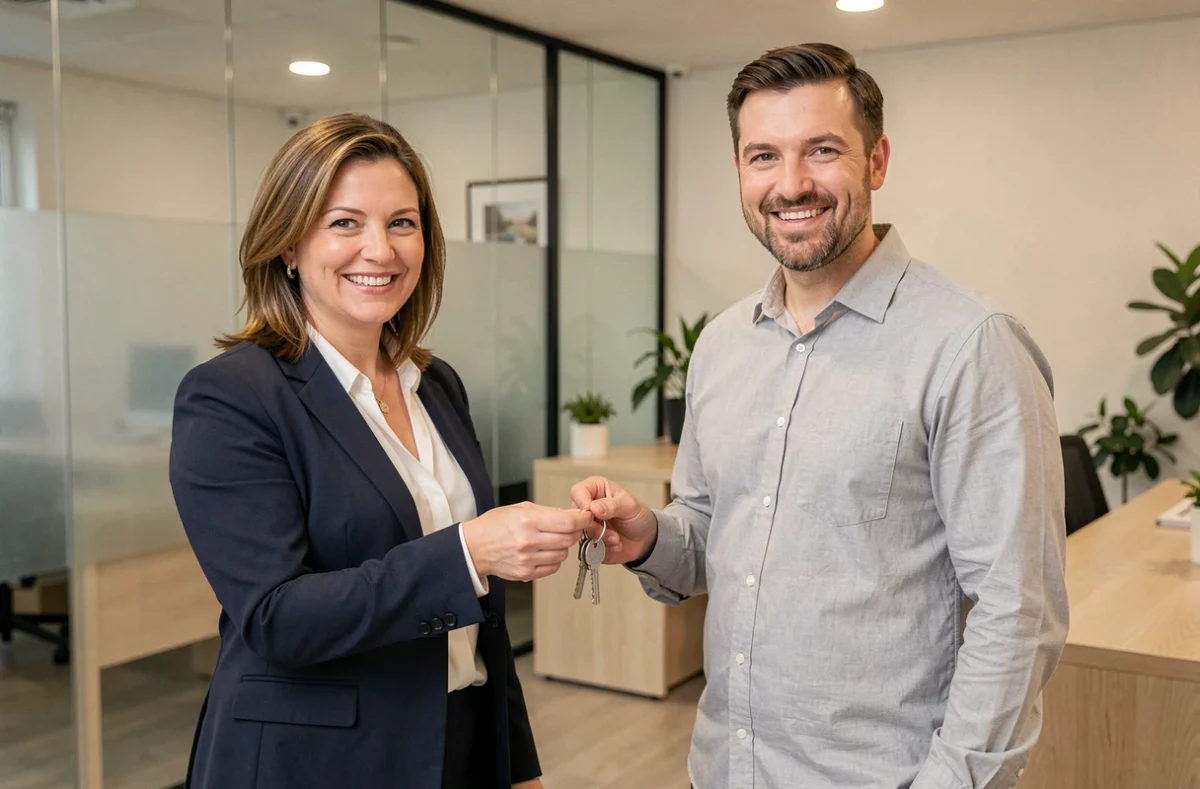 Remise de clés entre une agente immobilière et un locataire dans une agence moderne