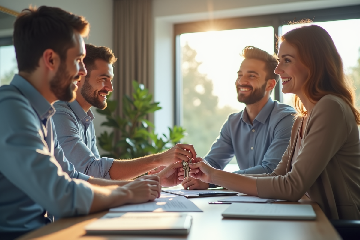 Jeune professionnel remettant les clés à un couple souriant dans une agence immobilière