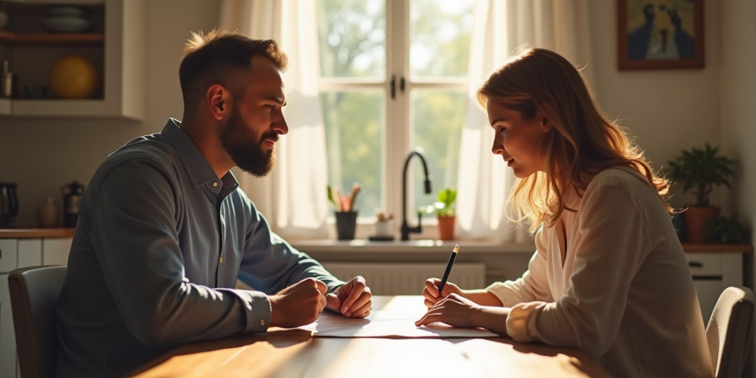Couple discutant de documents de location dans la cuisine