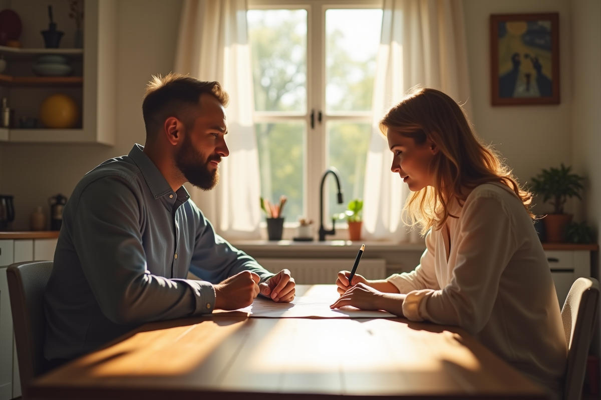 Couple discutant de documents de location dans la cuisine