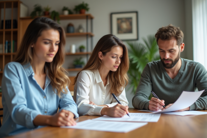 Trois personnes signent des documents dans une salle lumineuse