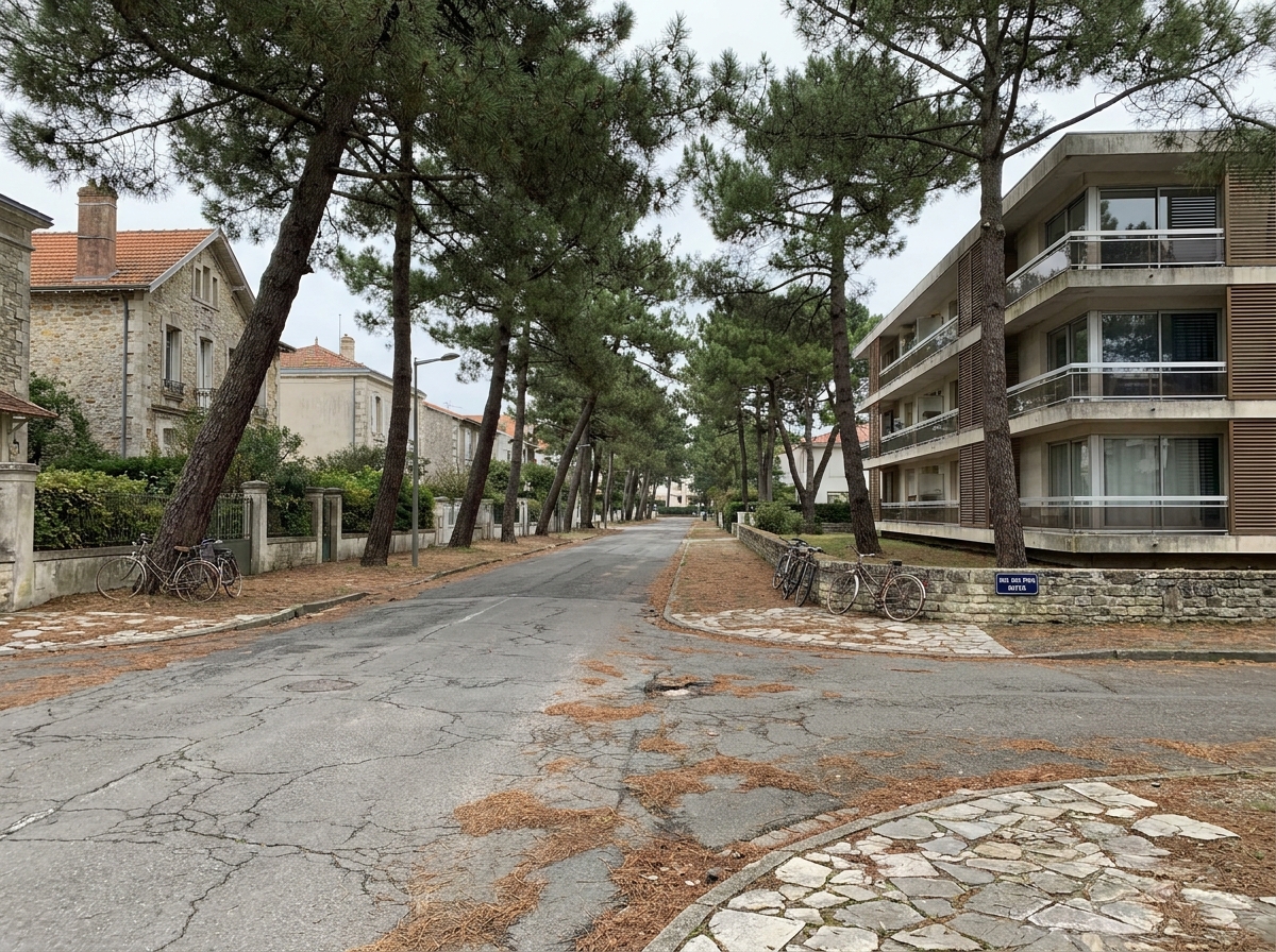 Rue résidentielle tranquille à Royan montrant un contraste entre maisons individuelles et immeuble d'appartements modernes